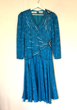 Vtg D'ore Silk Dress 10 Blue Beaded Evening Dore 80s Knee Vneck